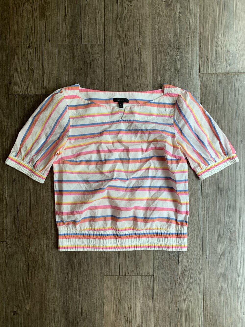 100% Cotton J.Crew Striped Poplin Blouse with Elastic Cuffs Cropped Size 2 Tall - Picture 2 of 6